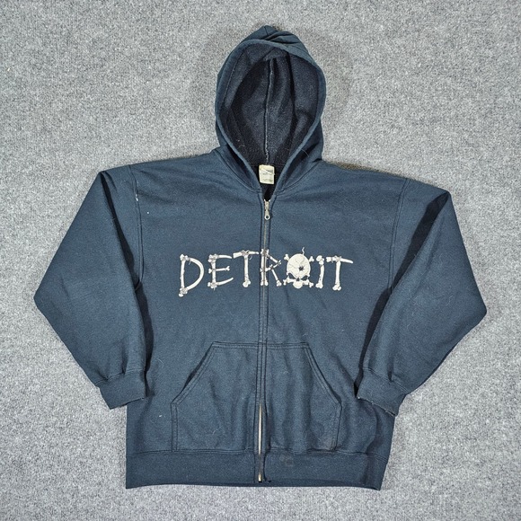 Y2K Detroit Motorcycle 2 Sided Zip Up Hooded Sweatshirt Mens Black Size L Skull‎ - Picture 2 of 6